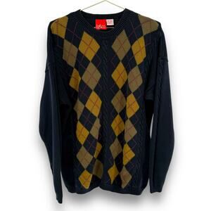 90s VTG Liz & Co Argyle Pattern Cotton Sweater, Navy Blue, Size M Casual